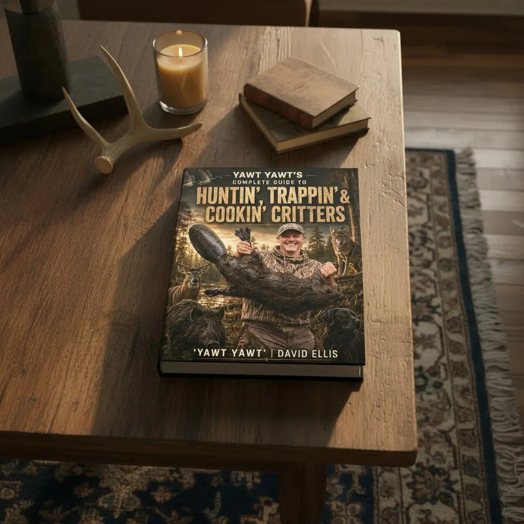 Book titled 'YAWT YAWT's Complete Guide to Hunting, Trappin' & Cookin' Critters' on a wooden table with a candle and books in the background.